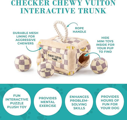 Haute Diggity Dog Chewy Vuiton Trunk Puzzle with 3 Plush Squeaky Dog Toys, Soft Durable Designer-Inspired Stuffed Puppy Chew Toys for Small & Medium Dogs, Machine-Washable (Tan Checker) One Size