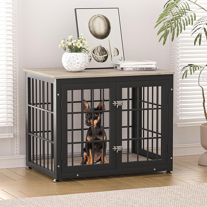 rehomerance 32 Inch Heavy Duty Dog Crate Furniture for Medium and Small Dogs, Decorative Pet House End Table, Wooden Cage Kennel Furniture Indoor, Grey