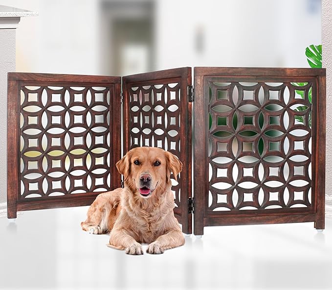 Wooden Foldable Pet Dog Safety Gate -3 Panels 20"Wx24"H- Hand Carved Solid Wood And MDF - Free Standing Portable Indoor Doorway Hall Stairs Dog Puppy Fence - Fully Assembled - Antique Brown -IRONGATE