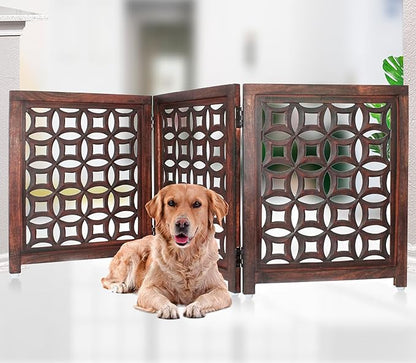 Wooden Foldable Pet Dog Safety Gate -3 Panels 20"Wx24"H- Hand Carved Solid Wood And MDF - Free Standing Portable Indoor Doorway Hall Stairs Dog Puppy Fence - Fully Assembled - Antique Brown -IRONGATE