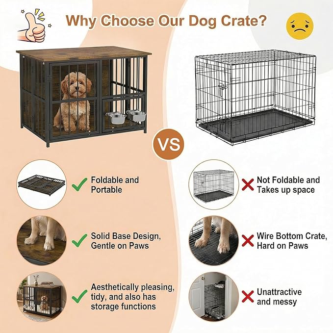 Hadulcet Foldable Dog Crate Furniture, No Assembly Indoor Dog Kennel with Storage Top, Wooden Dog Crate Table for Small to Medium Dogs, 27.55” Furniture Style Dog Cage with 2 Bowls Rustic Brown