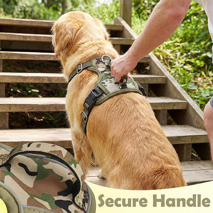 Funfox Dog Harness No Pull, Adjustable Pet Vest Harness, Super Soft Material with Vertical Handle Easy Control, Reflective Night Walking, 2 Leash Clips for Large Dogs, Camo Green, L