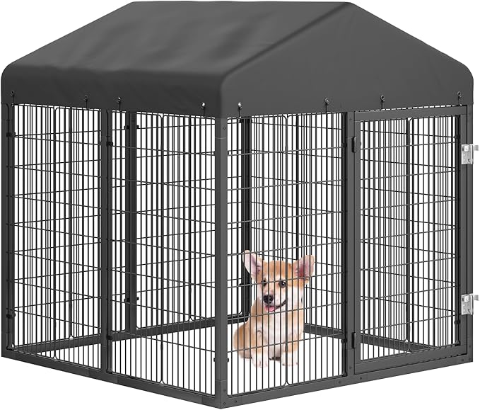 Outdoor Dog Kennel Steel Ideal Dog Fence for Small Dogs Anti-Rust Coating Cage with Roof All Weather Resistant Dog House with Double Locks(4.2'L x 4'W x 4.5'H)
