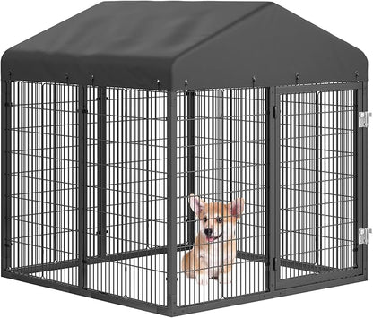 Outdoor Dog Kennel Steel Ideal Dog Fence for Small Dogs Anti-Rust Coating Cage with Roof All Weather Resistant Dog House with Double Locks(4.2'L x 4'W x 4.5'H)
