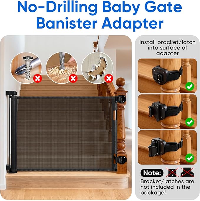 2Pcs Baby Gate Stair Railing Banister Adapter, Fits 1.9-4.72'' Diameter Universal Banisters, Wide Square/Round Railings No-Drilling Mounting Fittings for Retractable Gates,Adjustable Fixed Strap