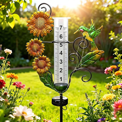 Rain Gauge Outdoor - Solar Rain Gauges with Lights Waterproof Metal Stake Hummingbird & Sunflowers Decorative Rain Gauge Freeze Proof 7" Measuring Cup for Garden Yard Lawn Decor