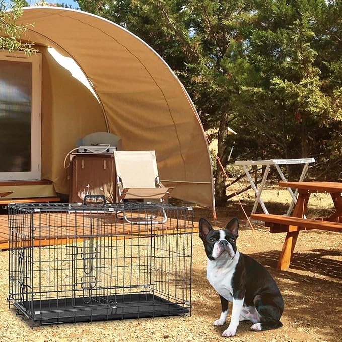 Dog Crate Dog Cage Dog Kennel Outdoor Metal Wire Double-Door Folding Pet Animal Pet Cage for Small Dog 30 inches with Double Door&Leak-Proof Pan Tray,Black