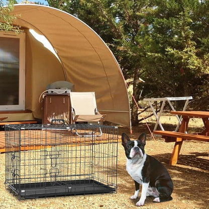 Dog Crate Dog Cage Dog Kennel Outdoor Metal Wire Double-Door Folding Pet Animal Pet Cage for Small Dog 30 inches with Double Door&Leak-Proof Pan Tray,Black