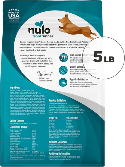 Nulo Frontrunner Dry Dog Food Small Breed - High-Protein Turkey, Whitefish & Quinoa Recipe, Natural Puppy & Adult Dog Food, Small Sized Kibble with Probiotics, Taurine, Omega 3, 5lb Bag