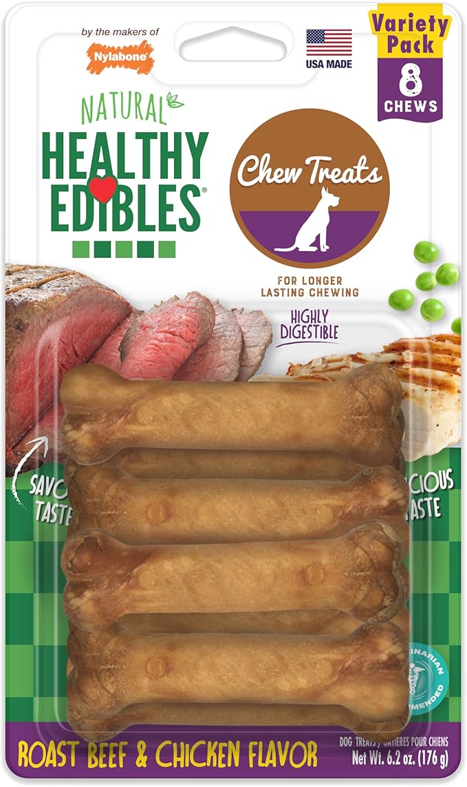 Nylabone Healthy Edibles Natural Dog Chews, Long Lasting Bones for Dogs, Roast Beef & Chicken Flavor Dog Treats, X-Small (8 Count)