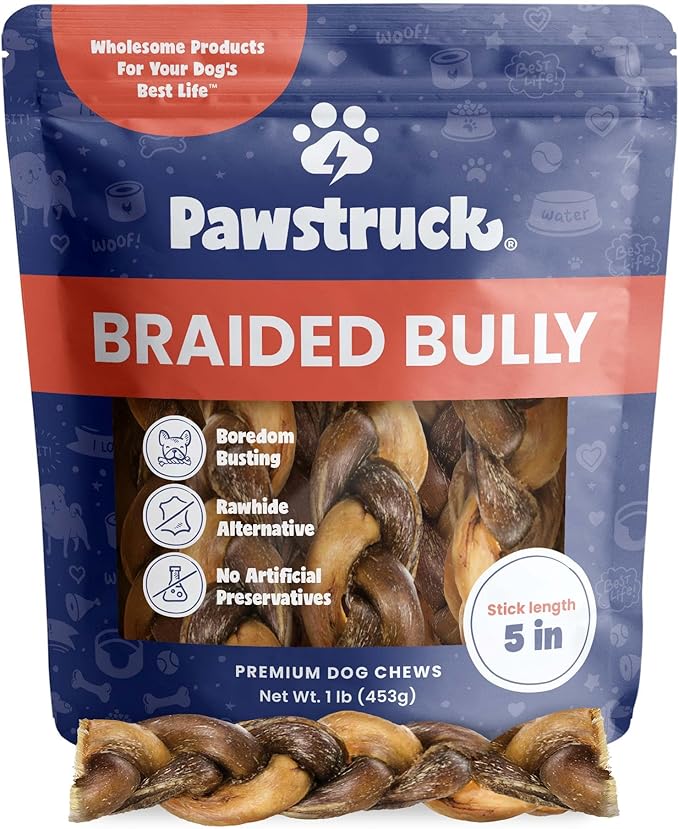 Pawstruck Natural 5" Braided Bully Sticks for Dogs - Long Lasting Rawhide Free Low Odor Single Ingredient Chew Treat for Aggressive Chewers - 1lb Bag