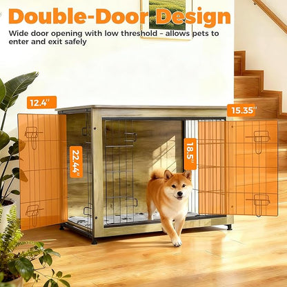 SHAWKEN Wooden & Metal Medium Dog Crate Furniture Indoor with Soft Cushion, Double-Door Dog House, 31.5" L Dog Kennel (Oak Grey, Medium)