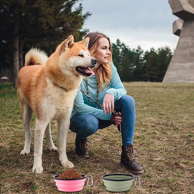 SLSON Dog Bowls Pet Collapsible Bowl with Cover Lids,2 Pack Dog Travel Bowls Portable Foldable Cat Water Dish Bowl for Pets Walking Parking Camping (Fairy Pink and Sprout Green, Large)