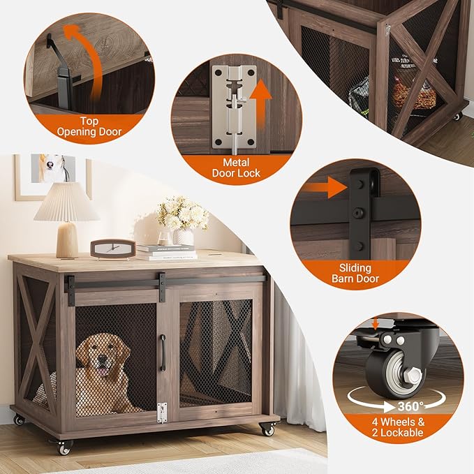 TROPOW Dog Crate Furniture,37 Inch Dog Kennel Furniture, Sliding Barn Door, Flip Top Dog Crate End Table with Removable Divider, Farmhouse Dog Cage for Small to Middle Size Dogs