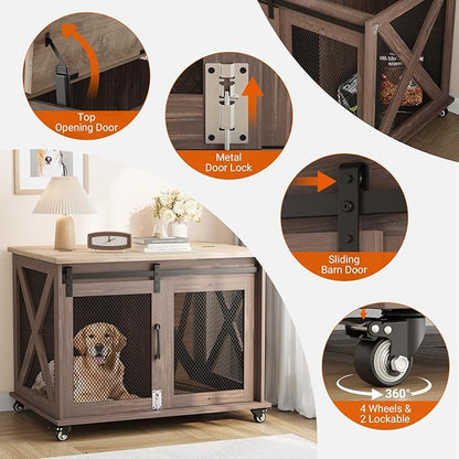 TROPOW Dog Crate Furniture,37 Inch Dog Kennel Furniture, Sliding Barn Door, Flip Top Dog Crate End Table with Removable Divider, Farmhouse Dog Cage for Small to Middle Size Dogs