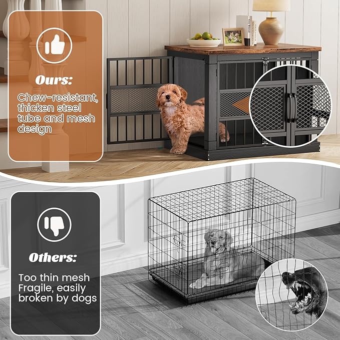 VOPEAK 27.5" Dog Crate Furniture, Chew Resistant Dog Crate for Small Dogs Puppy, Heavy Duty Dog Crates Dog Kennel Cage Indoor with Double Doors, Wooden End Table for Bedroom Living Room, Black