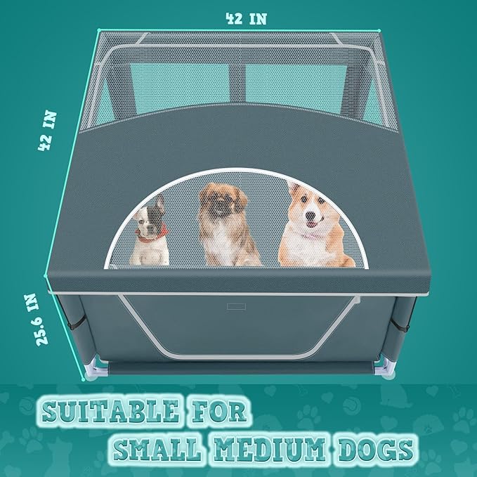 XVISHX 42x42 Inch Puppy Playpen with Cover, Dog Playpen for Puppies or Small Dogs, Pet Playpen for Indoor & Outdoor, Sturdy DogPen with Thickened Fabric, High-Strength Nylon Wire Mesh, Bluish Green