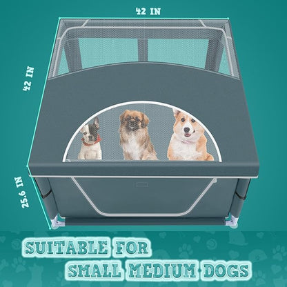 XVISHX 42x42 Inch Puppy Playpen with Cover, Dog Playpen for Puppies or Small Dogs, Pet Playpen for Indoor & Outdoor, Sturdy DogPen with Thickened Fabric, High-Strength Nylon Wire Mesh, Bluish Green