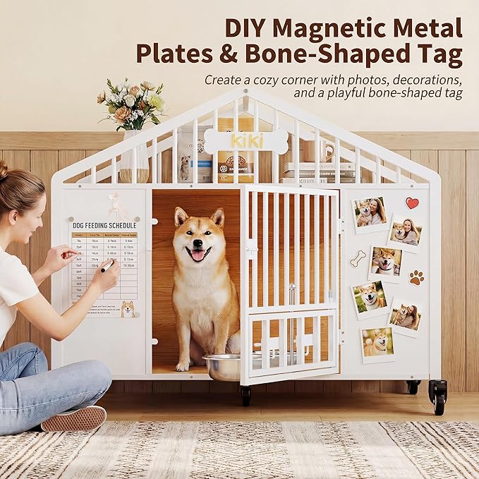 IRONCK 41.3" Dog Crate Furniture with 2 DIY Frame, Heavy Duty Pet Crates with 2 Rotatable Dog Bowls & Name Tag, Decorative Roof Shape Dog Kennel Indoor with 5 Wheels for Medium Dogs, White