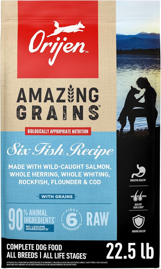 ORIJEN Amazing Grains High Protein Dry Dog Food Six Fish Recipe 22.5lb Bag