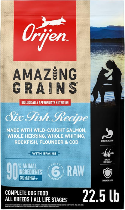 ORIJEN Amazing Grains High Protein Dry Dog Food Six Fish Recipe 22.5lb Bag
