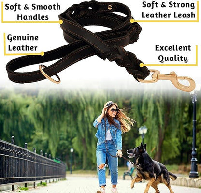 ADITYNA - Double Handle Leather Dog Leash 6ft - Heavy Duty Braided Dog Leash with Traffic Handle - Lead for Training and Walking Medium Large Breeds (Black, Two Handles 6 Foot x 5/8")