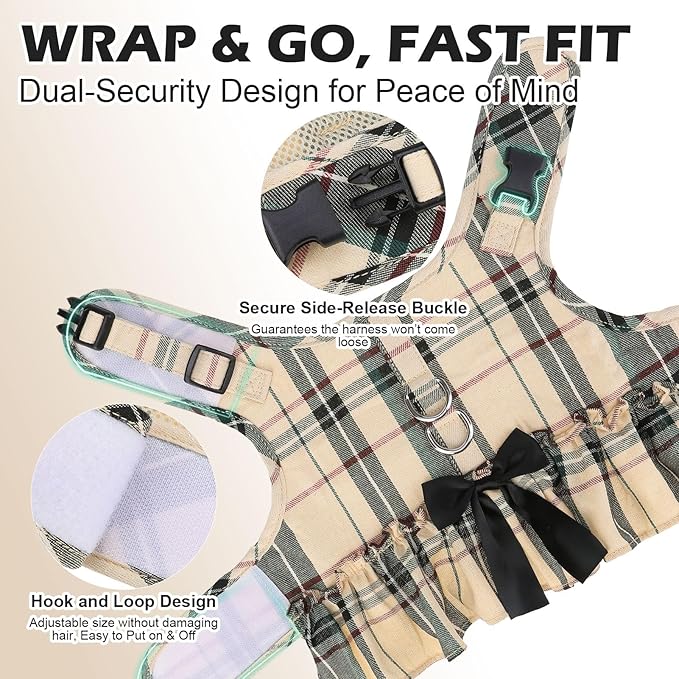 EXPAWLORER Dog Harness Small Medium Sized Dogs, Plaid Dog Dress Bowknot Harness and Leash Set, No Choke No Pull Soft Mesh Vest Cute Princess Puppy Outfits Clothes Costume for Girls Party Cats Beige S