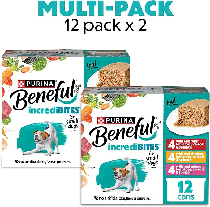 Beneful Purina Small Breed Wet Dog Food Variety Pack,IncrediBites Loaf,Chicken,Beef and Salmon Flavors - 3 oz. Cans,(Pack of 48)
