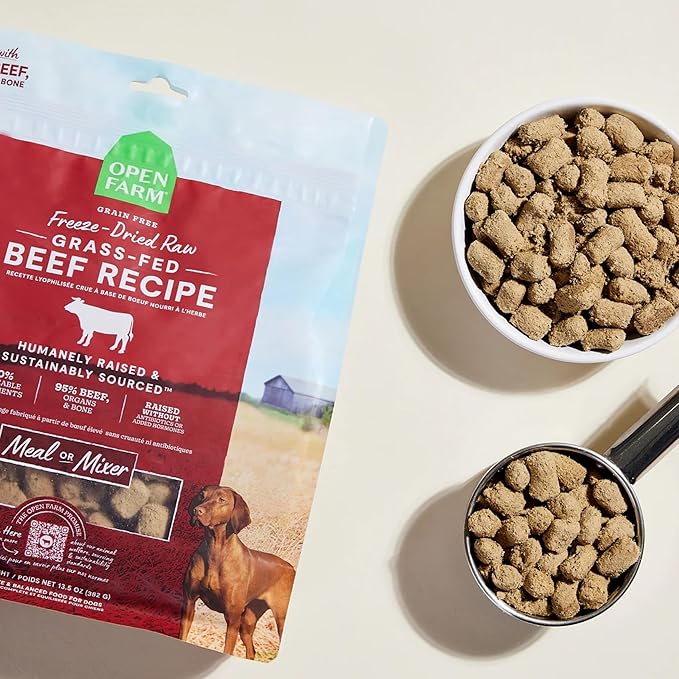 Open Farm, Freeze Dried Raw Dog Food, Morsels with 95% Meat, Organs & Bone, Organic Produce & Superfoods, Complete Meal or Freeze Dried Dog Food Topper, Grass-Fed Beef Recipe, 13.5oz Bag