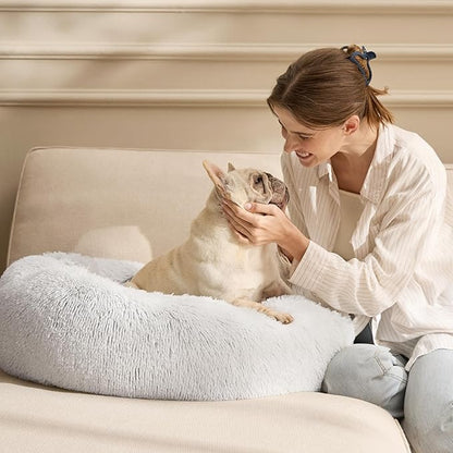 Bedsure Calming Cat Beds for Indoor Cats - Small Cat Bed Washable 20 inches, Anti-Slip Round Fluffy Plush Faux Fur Pet Bed, Fits up to 15 lbs Pets, Frost Grey