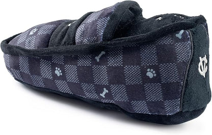 Haute Diggity Dog Chewy Vuiton Loafer Plush Squeaky Dog Toy, Soft Durable Designer-Inspired Stuffed Puppy Chew Toys for Small & Medium Dogs, Machine-Washable (Black Checker) One Size