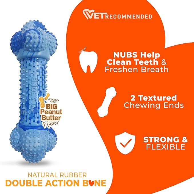 Nylabone Double Action Bone Strong Chew Toy for Dogs, Natural Rubber Dog Toy for Boredom, Peanut Butter Flavor, Large Dogs - Up to 50 lbs, 1 Count