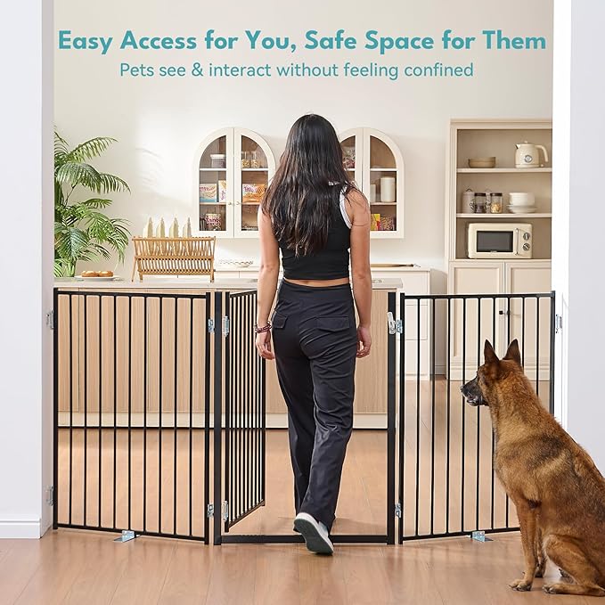 No Pawblems Free Standing Dog Gate with Door, 36'' Tall Foldable Dog Fence for Indoor & Outdoor, Up to 78 Inch Extra Wide Puppy Gate for Stairs, Hallways, Doorways, Deck, Yard (Black, 3 Panels)