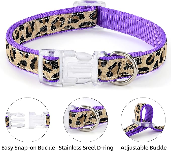 Mile High Life Leopard Dog Harness Collar Leash Set, Adjustable No Pull Dog Halter Harness for Small Breed Dogs, Easy Control for Training Walking (Purple, S Chest 11"-18", Neck 10"-14")
