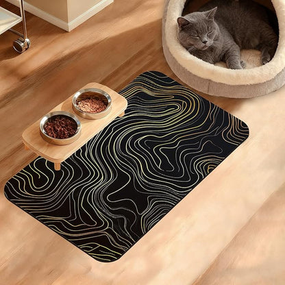 Dog Bowl Mat,Abstract Map Pet Feeding Mat for Floors Waterproof,Golden Lines Texture Absorbent Dogs Placemat for Food and Water Quick Dry Pet Cat Feeding Mats with Non Slip Bottom 12" x 20"