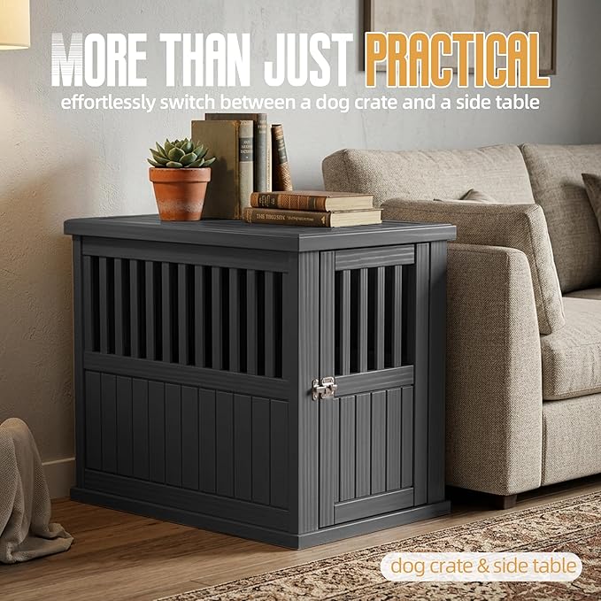 30 INCH Small Dog Crate Furniture, Lockable Indoor Dog Kennel Heavy Duty Decorative Plastic Pet Cage End Table for Small/Medium Dogs, Black