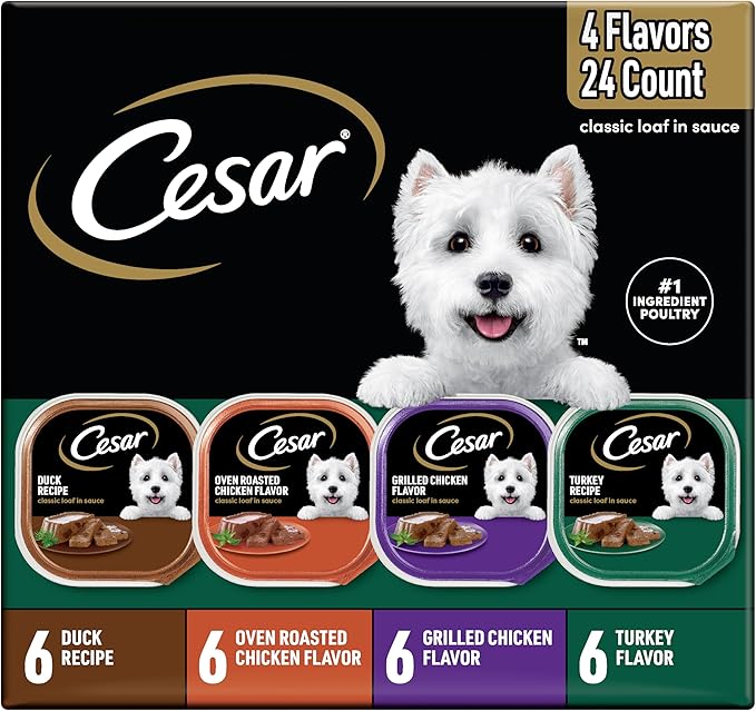 Cesar Wet Dog Food Classic Loaf in Sauce, Duck Recipe, Oven Roasted Chicken Flavor, Grilled Chicken Flavor, and Turkey Flavor, 3.5 oz. Easy Peel Trays, Variety Pack, 24 Count