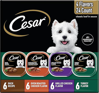 Cesar Wet Dog Food Classic Loaf in Sauce, Duck Recipe, Oven Roasted Chicken Flavor, Grilled Chicken Flavor, and Turkey Flavor, 3.5 oz. Easy Peel Trays, Variety Pack, 24 Count