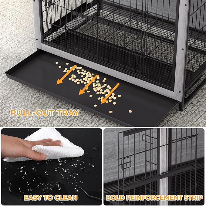 TLSUNNY Dog Crate Furniture, 44.1" Wooden Dog Kennel Indoor with 2 Doors, Heavy-Duty Dog Cage with Removable Tray, End Side Table, Modern Dog House for Large/Medium/Small Dogs, Grey
