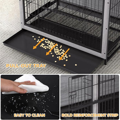 TLSUNNY Dog Crate Furniture, 44.1" Wooden Dog Kennel Indoor with 2 Doors, Heavy-Duty Dog Cage with Removable Tray, End Side Table, Modern Dog House for Large/Medium/Small Dogs, Grey