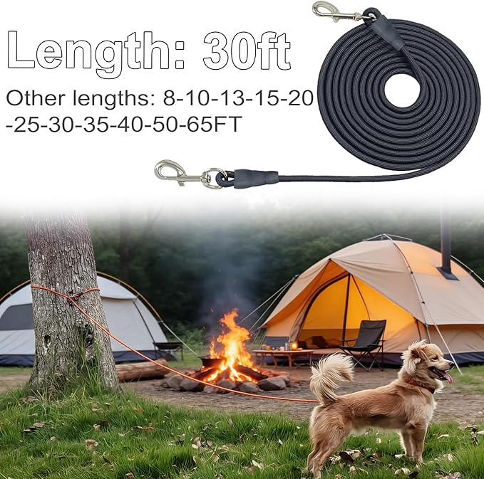 30FT Dog Tie Out Leash, Long Tether 8-10-13-15-20-25-35-40-50-65 FT Nylon Rope Check Cord for Medium Large Dogs Indoor/Outdoor Playing Camping Backyard (Black, 3/8")
