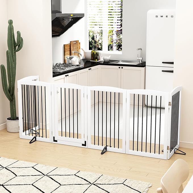 PUPETPO Freestanding Pet Gate with Door, Tall Dog Gate for House, Extra Wide, Pet Puppy Safety Fence, Support Feet Included, 120 Inch Wide, 6 Panels 32" Tall, White & Black