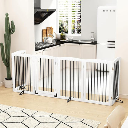 PUPETPO Freestanding Pet Gate with Door, Tall Dog Gate for House, Extra Wide, Pet Puppy Safety Fence, Support Feet Included, 120 Inch Wide, 6 Panels 32" Tall, White & Black