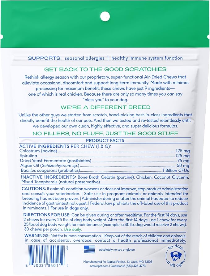 Native Pet Dog Allergy Chews - Dog Allergy Relief for XL Breeds - Supports Seasonal Itch Relief, Healthy Immune Function & Reduces Sneezing - Colostrum, Spirulina, & Probiotics - 30 Days Supply