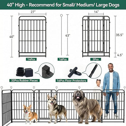 Dog Playpen Outdoor 16 Panels 40'' Rustproof Metal Dog Fence with Gate Small Medium Portable Large Dog Play Pen 36FT 120 Sq.ft for RV Camping, Trips, Play Yard