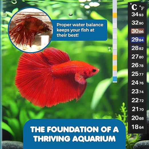 SunGrow Test Kit for Aquarium, Accurate Water Quality Monitoring, Essential Tool for Fish Keepers and Tank Maintenance, 1 Bottle with 100 Strips & 3-Piece Sticker Thermometer, 1 Set Per Pack
