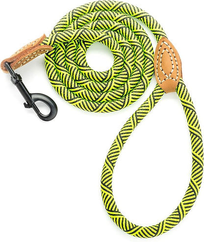 Mile High Life | Mountain Climbing Dog Rope Leash with Heavy Duty Metal Sturdy Clasp | Genuine Leather Tailored Connection with Strong Stitches (Lime Green, 48 Inch (Pack of 1))