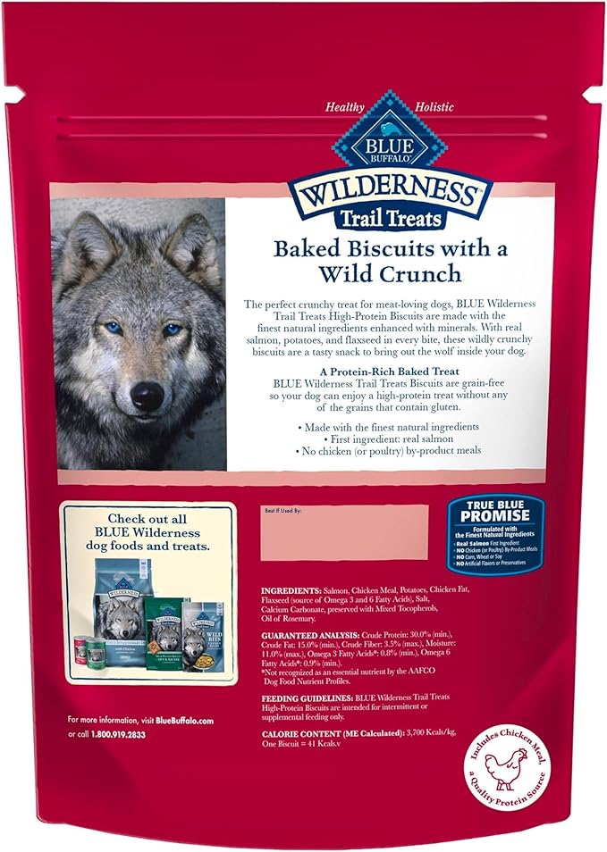Blue Buffalo Wilderness Trail Treats High Protein Grain Free Dog Biscuits Crunchy Dog Treats, Salmon Recipe, 10-oz Bag
