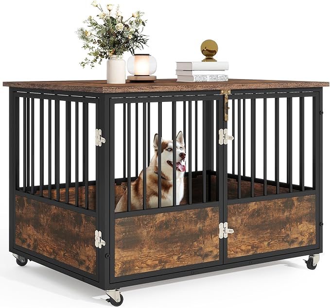 DWVO Dog Crate Furniture with Wheels, 43 Inch Dog Kennel Indoor Furniture End Table Dog Crate for Dogs, Farmhouse Decorative Wooden Dog Cage Table with Double-Doors, Chew-Resistant, Rustic Brown