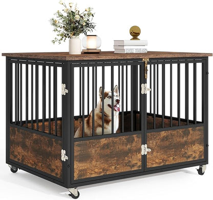 DWVO Dog Crate Furniture with Wheels, 43 Inch Dog Kennel Indoor Furniture End Table Dog Crate for Dogs, Farmhouse Decorative Wooden Dog Cage Table with Double-Doors, Chew-Resistant, Rustic Brown